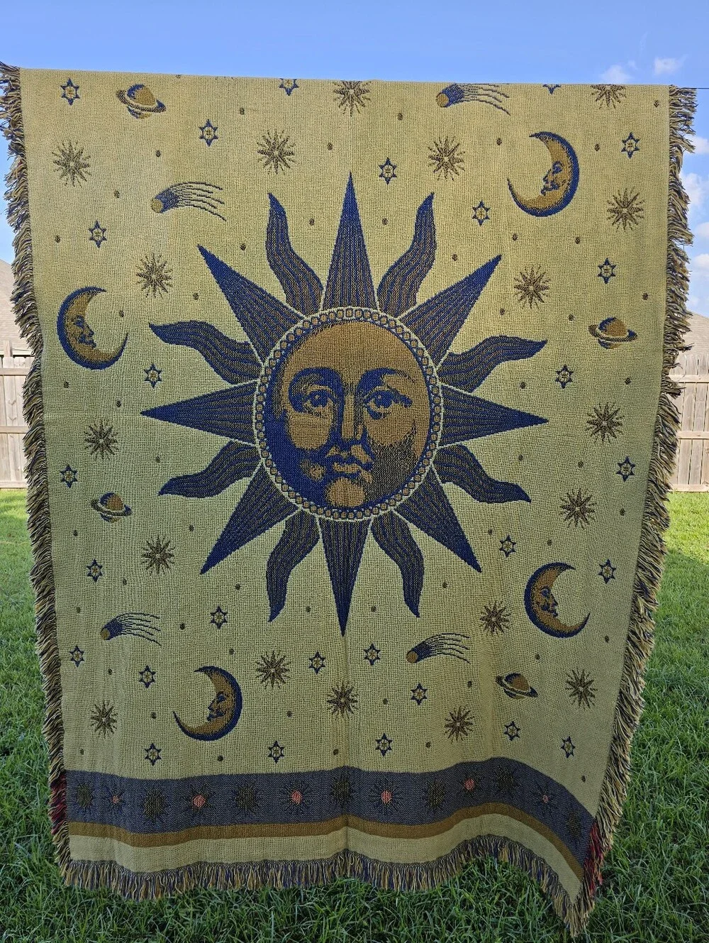 Vintage Sun & Stars Woven Tapestry Throw Blanket 90s Reversible